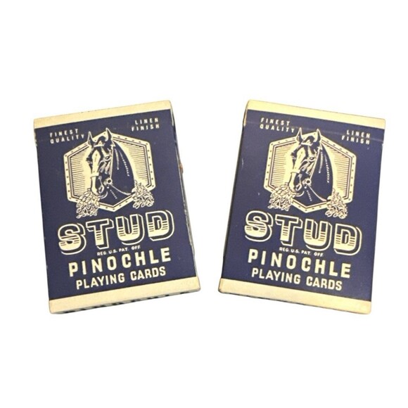 Pair (2 sets) VTG Walgreens Stud Pinochle Playing Cards Linen Finish Blue - Picture 1 of 2